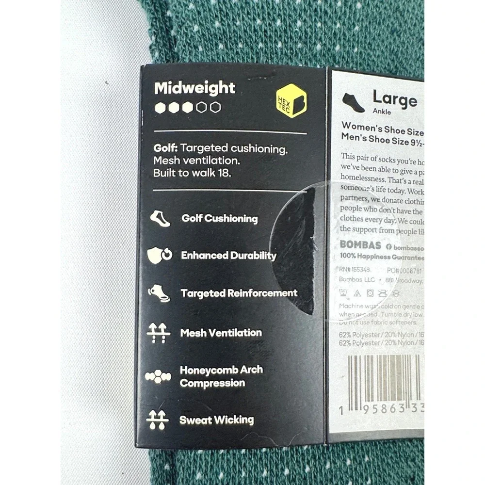 Bombas Sport Men's Golf Ankle Socks Mountain Green Size Large